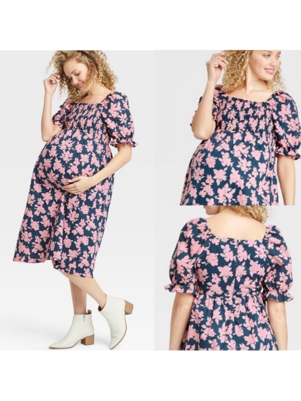 The Nines Hatch Blue Pink Floral Maternity smocked puff sleeve square neck XXL